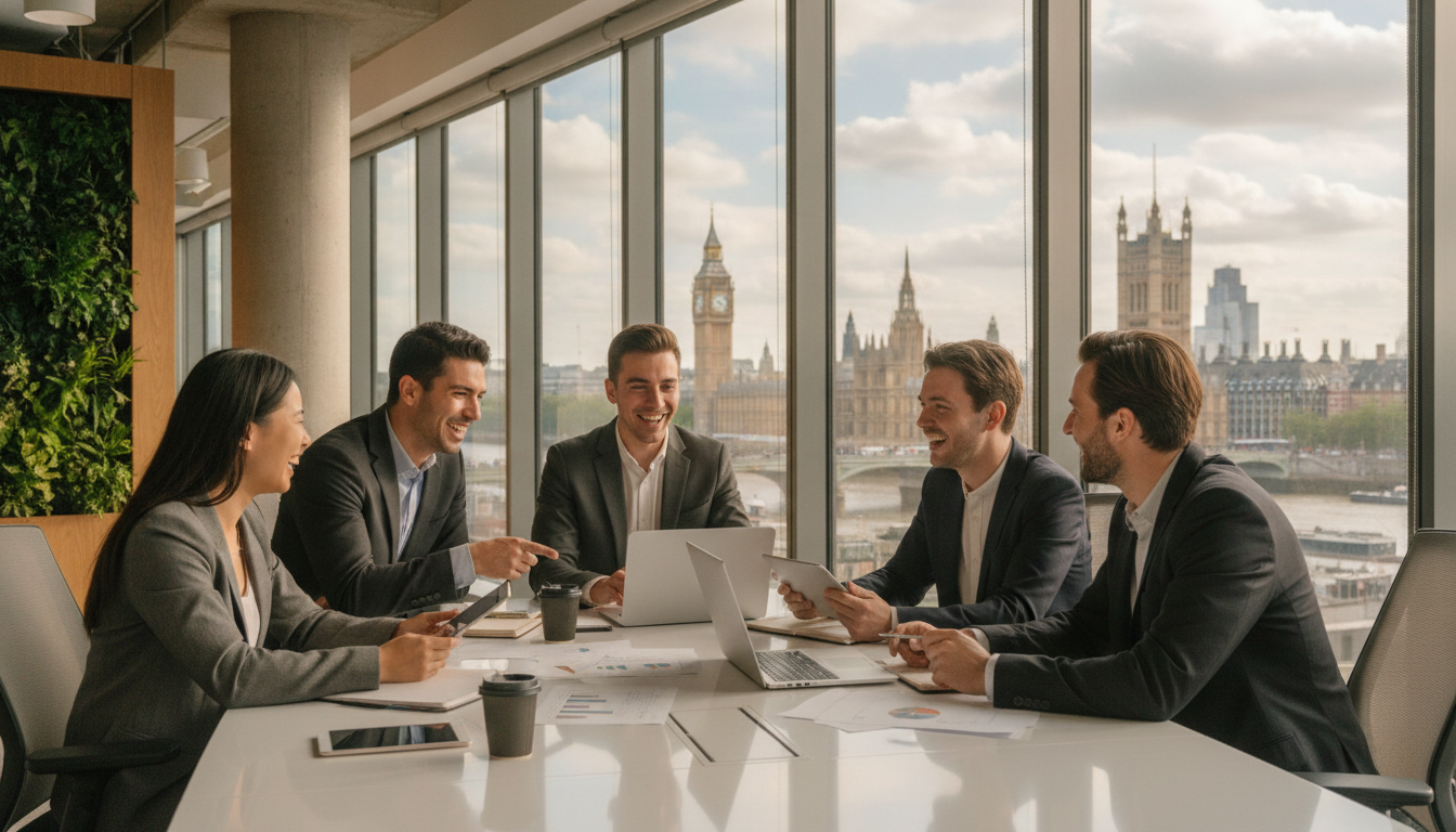 A diverse group of young entrepreneurs smiling and collaborating in a modern, sun-lit office space in central London with Big Ben visible through a glass window in the background, highly detailed and photorealistic.